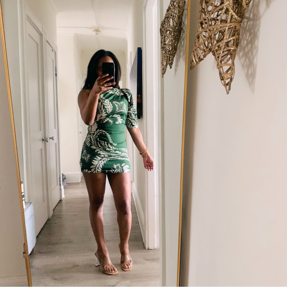 ZARA Tropical Ruched Mini Dress Green Tan XS